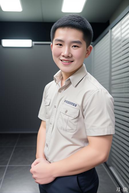 best quality,1boy,shirt, solo, 8k uhd, film grain, (studio lighting:1.2), (Fujifilm XT3), (photorealistic:1.3) , (detailed skin:1.2),beautiful detailed sky,(nose blush),(smile:1.15),(closed mouth),(short hair:1.2), full body,student,((gaygaygay))