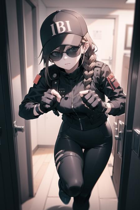 <lora:ash-000037:1> asop, asdef, black jacket, black shirt, vest, pants, black pants, fingerless gloves, baseball cap, sunglasses,
1girl, slamming door