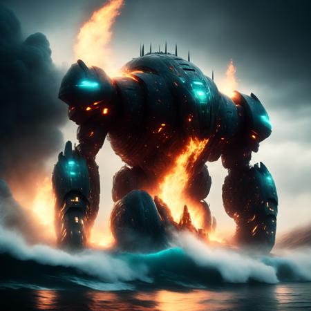 photo Massive Scale Pacific Rim Robot in the Ocean emitting flames, energy (OceanicRim style:1) <lora:djzOceanicRim:0.8)