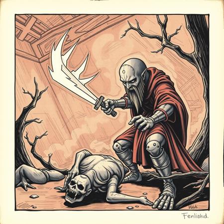 One, two! One, two! And through and through
      The vorpal blade went snicker-snack!
He left it dead, and with its head
      He went galumphing back.
