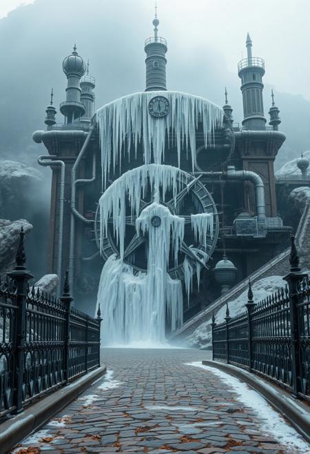 Image depicts a steampunk-style scene featuring a massive, intricate frozen watermill structure. The watermill is adorned with numerous gears, pipes, and clock-like elements, all rendered in a metallic, industrial aesthetic. Icicles cascade dramatically from the central wheel, creating a frozen waterfall effect. The structure is set against a rocky backdrop, with mist and steam adding to the atmospheric ambiance. In the foreground, a cobblestone path leads to the watermill, bordered by an ornate wrought-iron fence. The overall colour palette is dominated by muted blues, greys, and metallic tones, enhancing the vintage, mechanical theme of the scene.