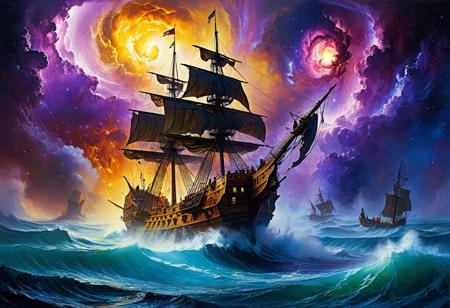 neo-surrealism, loose brushstrokes, Masterpiece. Multiple exposure. Close shot Space pirate galleon sci-fi ship with torn sails made of mist, emerges from a Nebula in the middle of the space. its crew of wraiths pirates ready to board. (A surreal, impossible Space nebula forming a 8) storm dramatic tempest huge waves. Dark Ink and vivid color painting, Caravage, Boris Vallejo, Goya, Jericho, Turner, Royo, purple and yellow complementary colors, intricately detailed, refined, defined, highly detailed, follow negative prompts,