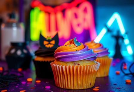 halloween colorful cupcakes in on the decorated table, 90mm lens close-up shot, neon lights on the background