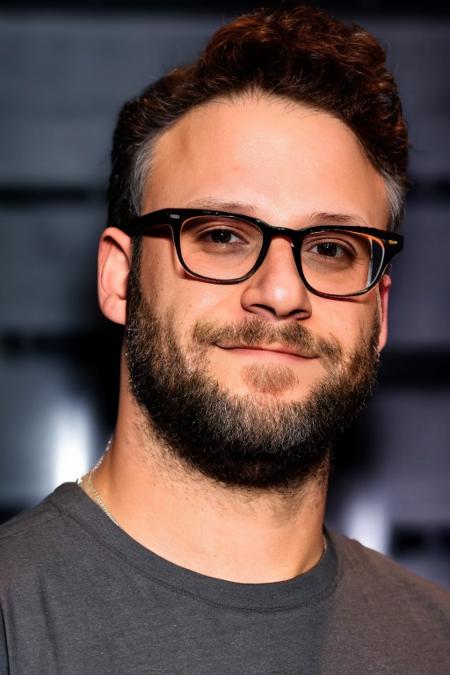 <lora:Seth_Rogen_Lora-12:0.9>, man, glasses, high quality, wearing gray tshirt, professional lighting, detailed face, headshot, realistic, professional lighting, dark background