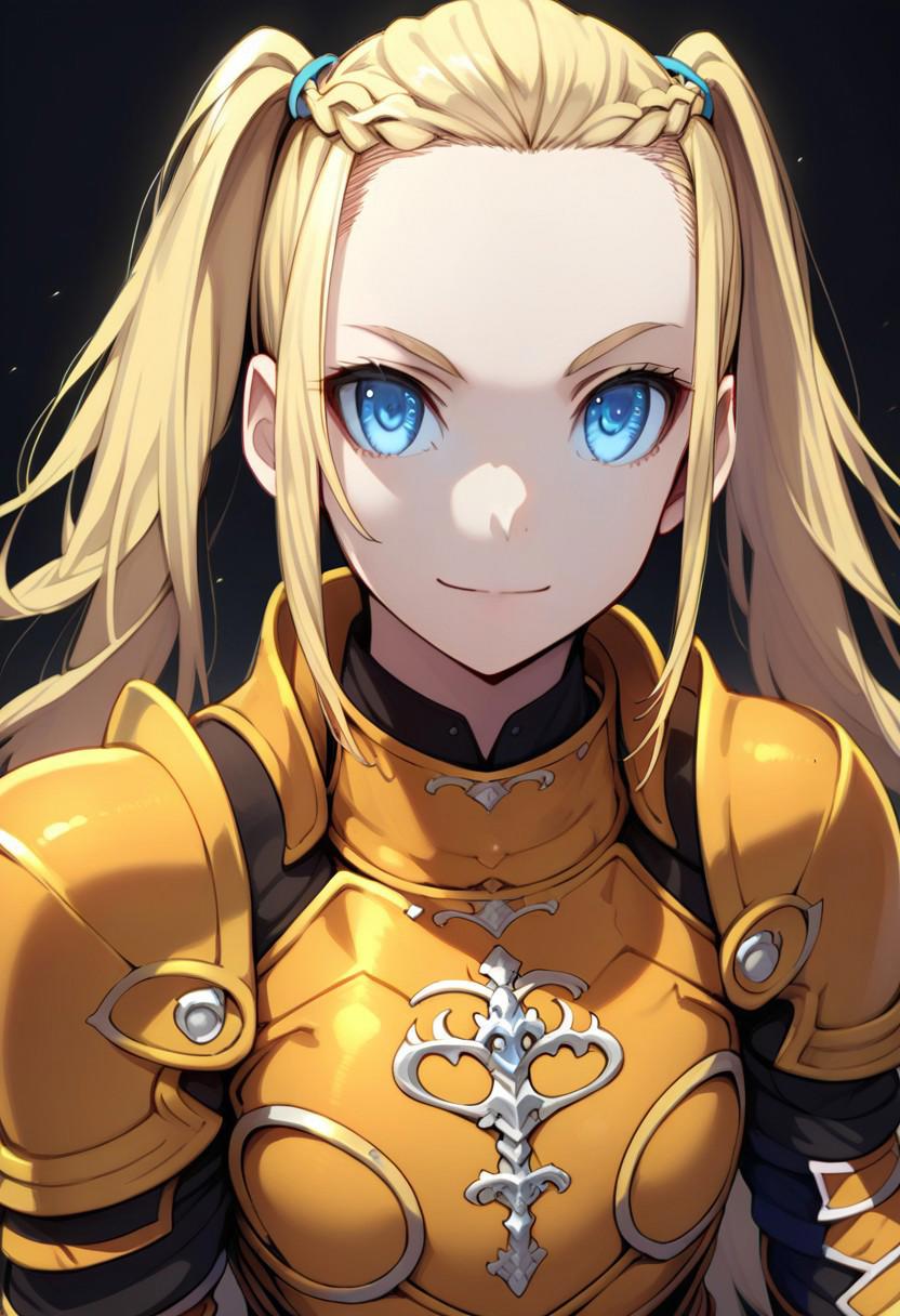 score_9, score_8_up, score_7_up, 
j34nn3d4rc,
1girl, solo, long hair, looking at viewer, smile, blue eyes, blonde hair, twintails, upper body, braid, armor, parody, black background, shoulder armor, forehead, pauldrons, breastplate, anime coloring