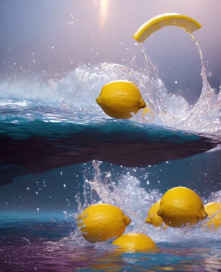 A perfect abstract, photorealistic, Food lemon , LIQUID SPLASH, 3D BEEPLE STYLE, 8 k, 32 k, HDR, realistic, liquid splashes, merging, melting, splashing, droplets, mixing, fading away, exploding, swirling, intricate detail, modelshoot style, dreamlikeart, dramatic lighting. 8k, highly detailed, trending artstation, Slpash