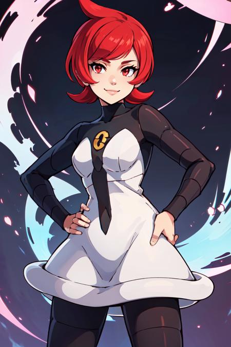 zzMars, red eyes, red hair, short hair, cowlick, zzMars, red eyes, red hair, short hair, cowlick, white dress, black pantyhose