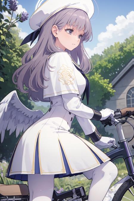 masterpiece, best quality, highly detailed, 1girl, <lora:BlueArchive_Trinity_Mob_v1-000195:0.7>, (church, outdoors, garden1.5), from side, side view, white gloves, long sleeves, white sleeves, blue cuffs, white dress, (white pantyhose:1.5), white wings, sailor collar, black loafers, black neckerchief, capelet, white beret, halo, low wings, white angel wings, (riding a bicycle:1.5), (lavender hair, wavy hair:1.5)