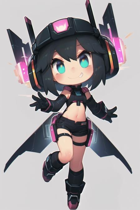 (8k, RAW photo, best quality),(masterpiece),(best quality),(ultra-detailed), (full body:1.2), masterpiece:1.2),((simple background)),1girl,chibi,cute, Sweet smile , gundam helmet , gundam short skirtheadphones, black hair, pink flower, (beautiful detailed face), (beautiful detailed eyes),solo,cybertron,(full body), mask, dancing, (isometric), <lora:porforever_v1.0:1>