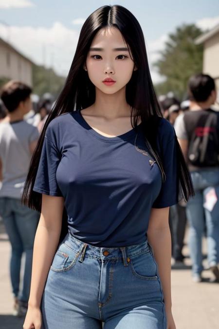 A girl with long straight hair, wearing a blue T-shirt and jeans, and with breasts greater than an F cup.