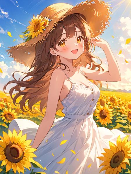 <lora:shenmingshaonv_xl:1>,(\shen ming shao nv\),solo, flower, outdoors, hat, long hair, sunflower, smile, day, looking at viewer, sky, open mouth, :d, breasts, sleeveless, bare shoulders, cloud, skirt, yellow eyes, bare arms, collarbone, white skirt, petals, very long hair, yellow flower, bangs, field, blue sky, white dress, sun hat, dress, cleavage, flower field, straw hat, blush, small breasts, crop top, standing, shirt, spaghetti strap, medium breasts, arm up, brown headwear, blurry, hand up, brown hair