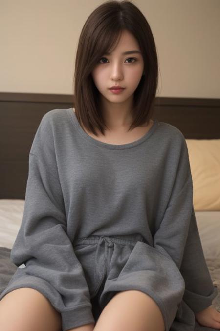 29 yo girl, Korean beauty, short hair, brunette, close-up, girl next door, baggy clothes, night, interior,
