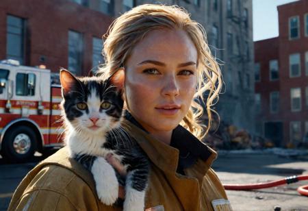 Ultra-detailed [Fujifilm XT 100v] 50mm lens Raw colors photography of a [Gorgeous girl firefighter] outside a burning building, rescuing a kitten, lots of water pouring, ultra realistic masterpiece by Alyssa Monks, high clarity, realistic shading, gradient shadows, volumetric dynamic particles, soft macros, light hue, atmospheric reflections, natural reflexive lighting, cinematic lights, trending at artstation, ray tracing lighting, professional color grade, subsurface scattering, sharp features, gigapixel, 32K, UHD, Style Raw, ultra hd, realistic, vivid colors, highly detailed, UHD drawing, pen and ink, perfect composition, beautiful detailed intricate insanely detailed octane render trending on artstation, 8k artistic photography, photorealistic concept art, soft natural volumetric cinematic perfect light