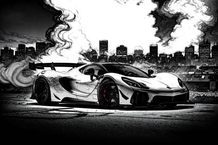 hypercars cyberpunk, muted colors ,swirling color smokes,legend,cityscape,space,mercedez benz <lora:blackandwhite:1.5>