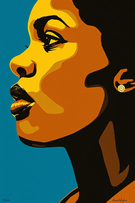 woman's profile, in the style of iconic civil rights imagery, light indigo and dark amber, colorfully abstracted faces, iconic album covers, chiaroscuro woodcuts, split toning, aaron douglas
