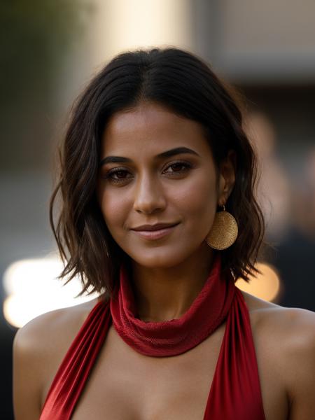 A beautiful 3mm4nu3ll3c,1girl, solo, breasts, looking at viewer, smile, short hair, black hair, dress, bare shoulders, brown eyes, jewelry, upper body, earrings, dark skin, mole, halterneck, red dress, realistic, soft lighting, professional Photography, Photorealistic, detailed, RAW, analog, sharp focus, 8k, HD, high quality, masterpiece<lora:3mm4nu3ll3c:1.0>