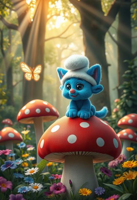 Smurfcat,
Create a whimsical and charming scene featuring Smurfcat, a small, blue feline with a friendly and curious expression. Smurfcat's fur is a vivid, bright blue, with a soft, plush texture that adds to its endearing appearance. It has large, expressive eyes that glisten with curiosity and mischief, and a small, pink nose. Smurfcat is wearing a white mushroom  hat that sits slightly askew on its head, adding a playful touch to its look. The scene is set in an enchanting, forested area filled with oversized mushrooms, vibrant flowers, and lush greenery. Smurfcat is perched on top of a large, red-and-white spotted mushroom, playfully batting at a glowing, floating butterfly. The background is filled with towering trees, their leaves forming a canopy that allows beams of sunlight to filter through, casting a warm, golden glow over the scene. The overall atmosphere is magical and lighthearted, capturing the fun and adventurous spirit of Smurfcat in its whimsical world.