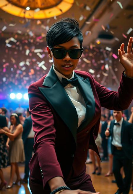 Highest quality, (cinematic lighting:1.1), action movie film still, a brown skinned woman with a pixie cut wears a dark maroon tuxedo jacket with black lapels, white shirt, tiny black bowtie and black Ray-Ban sunglasses while dancing in a gymnasium. Confetti falls from the ceiling onto a packed dance floor full of partygoers at a college formal dance. Facing viewer, full breasts, big ass, [wide hips], (highly detailed skin), ambient light, photographed on a Nikon Z9, RF 35mm lens, F2.8, HDR, 8k, highly detailed, Cinestill 800T, dynamic angle, inspired by the movie ((Footloose)).