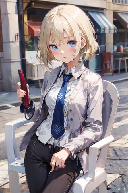 absurdres, best quality, <lora:Chair:1>, motivatedchair, 1girl, solo, suit, white shirt, pants, necktie, blonde hair, blue eyes