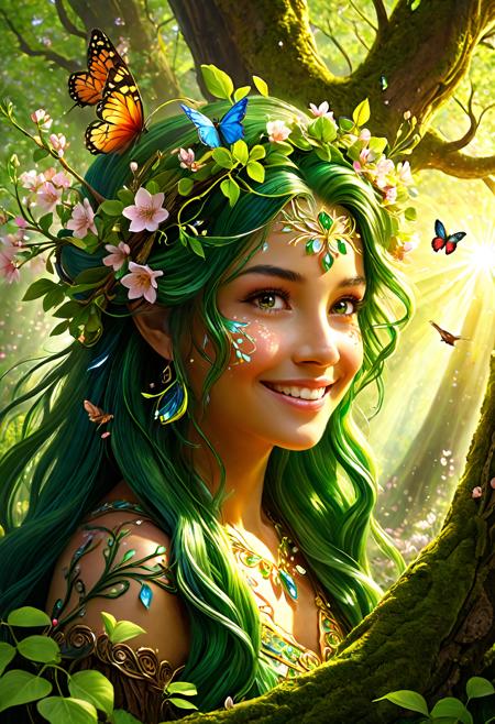 Dryad, spring forest, blooming flowers, green vines, radiant smile, cherry blossom petals falling around, birds and butterflies nearby, sunbeams through fresh leaves, bark skin with floral patterns, vibrant colors, masterpiece, soft glow, magical spring mood, intricate flower detail, warm ambiance, fantasy art