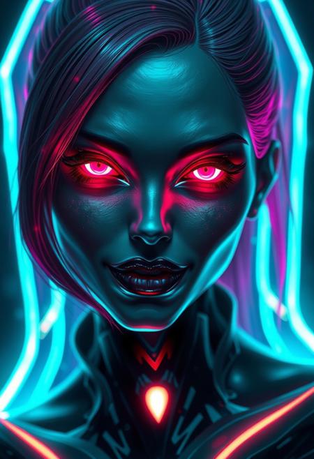 A gorgeous woman with a luminous digital aura lighting up the darkness, the ethereal figure of a digital painting evocative of a distorted human figure with vibrant neon eyes, (glowing eyes:1.1), heart shaped face, macabre appearance and a cunning smile. Vibrant hair. This stunning image is a digital painting, meticulously created with vibrant colors and striking details. Her sleek, futuristic design exudes a sense of otherworldly beauty, with glowing neon accents that seem to pulse with energy. Every pixel is carefully rendered, capturing the character's mysterious and alluring presence in exquisite detail. This mesmerizing image invites viewers to get lost in a dreamlike realm of imagination and technology. ((glowing neon lipstick)), masterpiece, highly detailed, harmonious colors, ((half body angle:1.5))