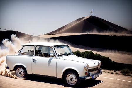 white STANCE TRABANT,  car, sandstorm, photorealistic, shot by Sony a7iii  <lora:TRABANT:0.8>