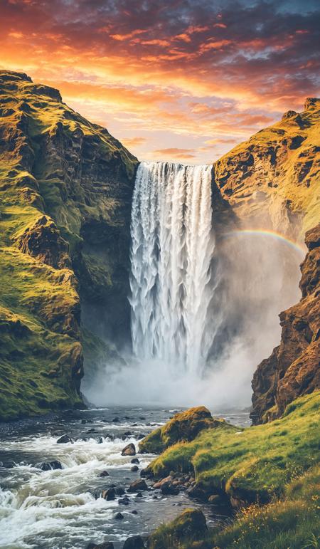 Dramatic summer sunrise on Skogafoss Waterfall. Fabulous morning landscape of Skoga river. Gorgeous outdoor scene of Iceland, Europe. Beauty of nature concept background. Dramatic unusual scene. Beauty world. Retro filter and vintage style. Instagram toning effect, breathtaking photograph.