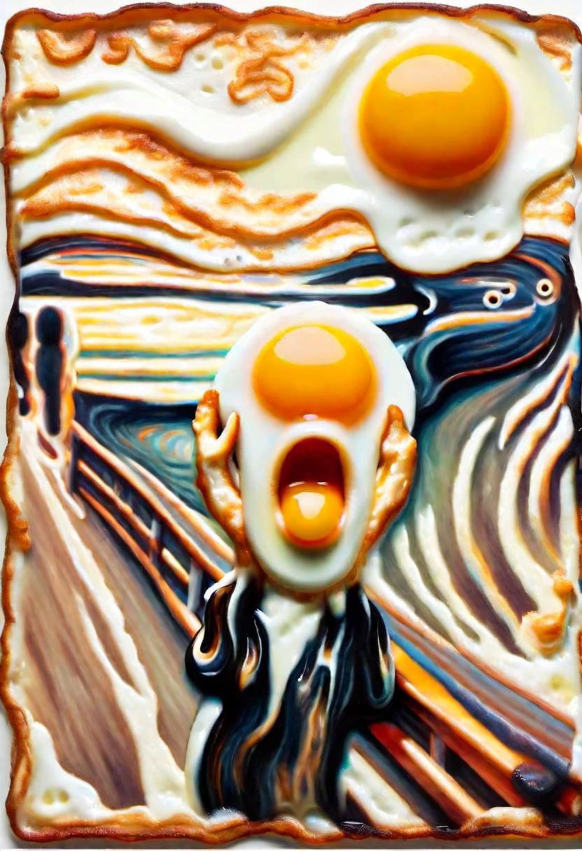 A piece of cake made to look like a screaming face with two eggs for eyes, a mouth, and a person with an open mouth.