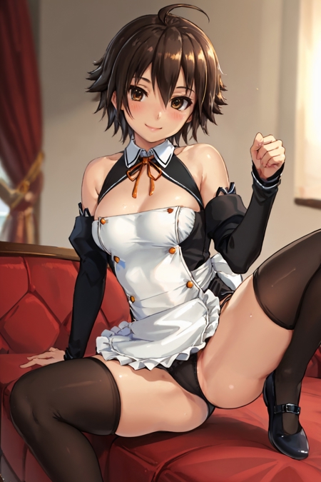 dccnao waitress apron detached sleeves black thighhighs bare shoulders