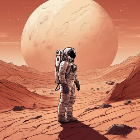 an astronaut on mars, surreal landscape,   jsmn style <lora:jsmnStyle:1>