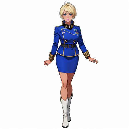 masterpiece,high quality,(white background:1.2),
<lora:emaryounce001 :0.5>,smile,
emary_ounce,1woman,
short hair,blonde hair,blue eyes,lipstick,(white lips:1.5),dark skin,
uniform,blue military uniform,military,jacket,long sleeves,pencil skirt,
boots,
full body,