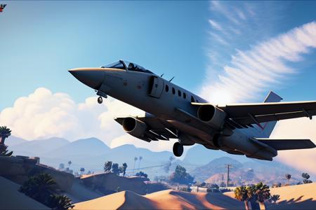GTA5 Loading Screen 2D art, Flying Jet in the sky,  cinematic composition, shaders, bright cinematic lighting, soft contrast, video game background