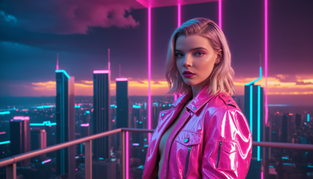 <lora:sdxl_synthworld_V2:0.8>, <lora:anya_lora_sdxl_v1-000008:0.8>
Anya Taylor-Joy, synthwave aesthetic, 1980s retro-future styling, shoulder-length platinum hair with pink neon edge glow, holographic jacket with chrome lapels, high cheekbones, direct gaze, dramatic eye makeup, electric cyan highlights, colossal digital sun setting behind jagged chrome skyline, glowing magenta-orange dusk sky, neon-lit skyscrapers with reflective glass, infinite synthwave grid glowing hot pink and cyan, storm clouds crackling with violet lightning, atmospheric haze over distant city, layout:center composition light:neon glow env:cosmic backdrop lens:filmic color grading lens:gaussian bokeh