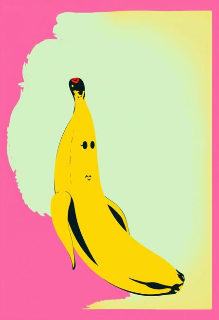 A pop art image of the happiest little banana you've ever seen in the style of Andy Warhol