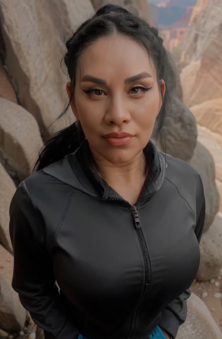 8K, HDR, Queen Rogue, masterpiece, best quality, 1girl, smile, black eyes, makeup, eyeliner, looking at viewer, black hair, closed mouth,  ponytail  hair, background: grand canyon rocks ,solo, upper body, waering a grey jacket and sweat pants,  <lora:Queen Rogue-000006:1>