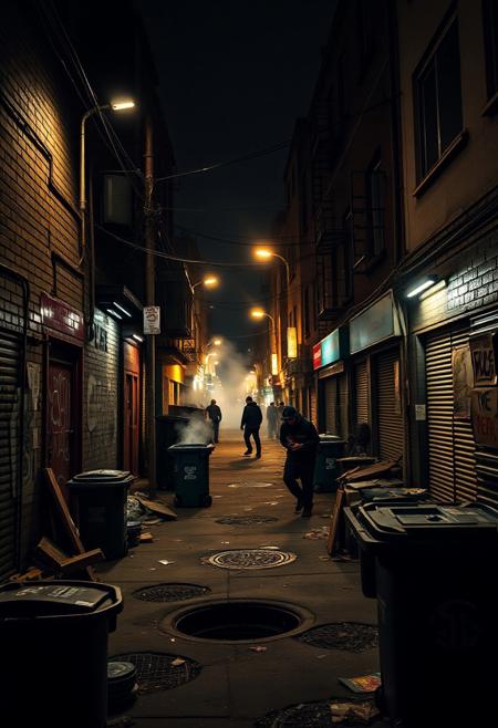 Urban street scene at night, chaotic city energy, dim streetlights flickering, graffiti-covered walls, overflowing trash bins, broken concrete, smoke rising from manholes, abandoned buildings, gang members lurking in shadows, tense atmosphere, danger in the air, inner-city ghetto vibes, raw and gritty, dirty back alleys, torn posters, street tags, crime-ridden environment, hostile energy, realistic cinematic lighting, hood culture, enemy territory