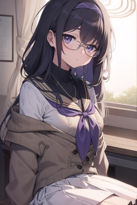 uikozeki, <lora:uikozeki-lora-nochekaiser:1>,
ui kozeki, bags under eyes, black hair, (purple eyes:1.5), glasses, halo, long hair, red-framed eyewear,
BREAK black pantyhose, black undershirt, blue hairband, blue neckerchief, brown cardigan, brown sweater, cardigan, hairband, long sleeves, messy hair, neckerchief, pantyhose, sailor collar, school uniform, serafuku, sweater, white sailor collar, white serafuku, skirt, long skirt,
BREAK looking at viewer,
BREAK indoors, classroom,
BREAK <lyco:GoodHands-beta2:1>, (masterpiece:1.2), best quality, high resolution, unity 8k wallpaper, (illustration:0.8), (beautiful detailed eyes:1.6), extremely detailed face, perfect lighting, extremely detailed CG, (perfect hands, perfect anatomy),