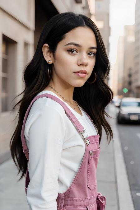 jenna ortega, long hair, 
pink overalls, studs, white shirt, sneakers, detailed skin, 
medium shot, upper body, simple solid background, portrait, realistic, 
 <lora:Jenna_Ortega_V1:0.7>, <lora:breastsizeslideroffset:-0.6>