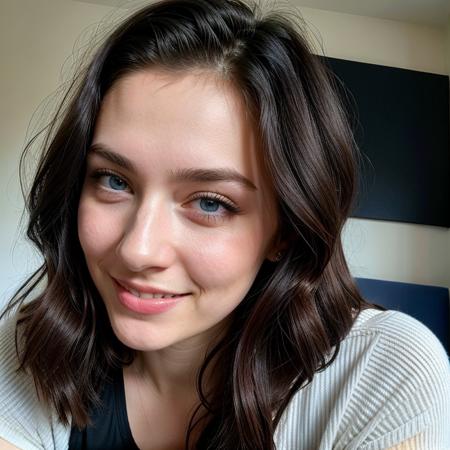 instagram photo, closeup face photo of 23 y.o Chloe in a tight black dress, sfw, interior apartment background, empty wall background, medium breasts, black bra visible through shirt,  medium length black hair, cleavage, pale skin, (smile:0.4), closed mouth smile, hard shadows,  <lora:add_detail:.5>  <lora:epiCRealismHelper:.8>, attractive, ((blue eyes))
