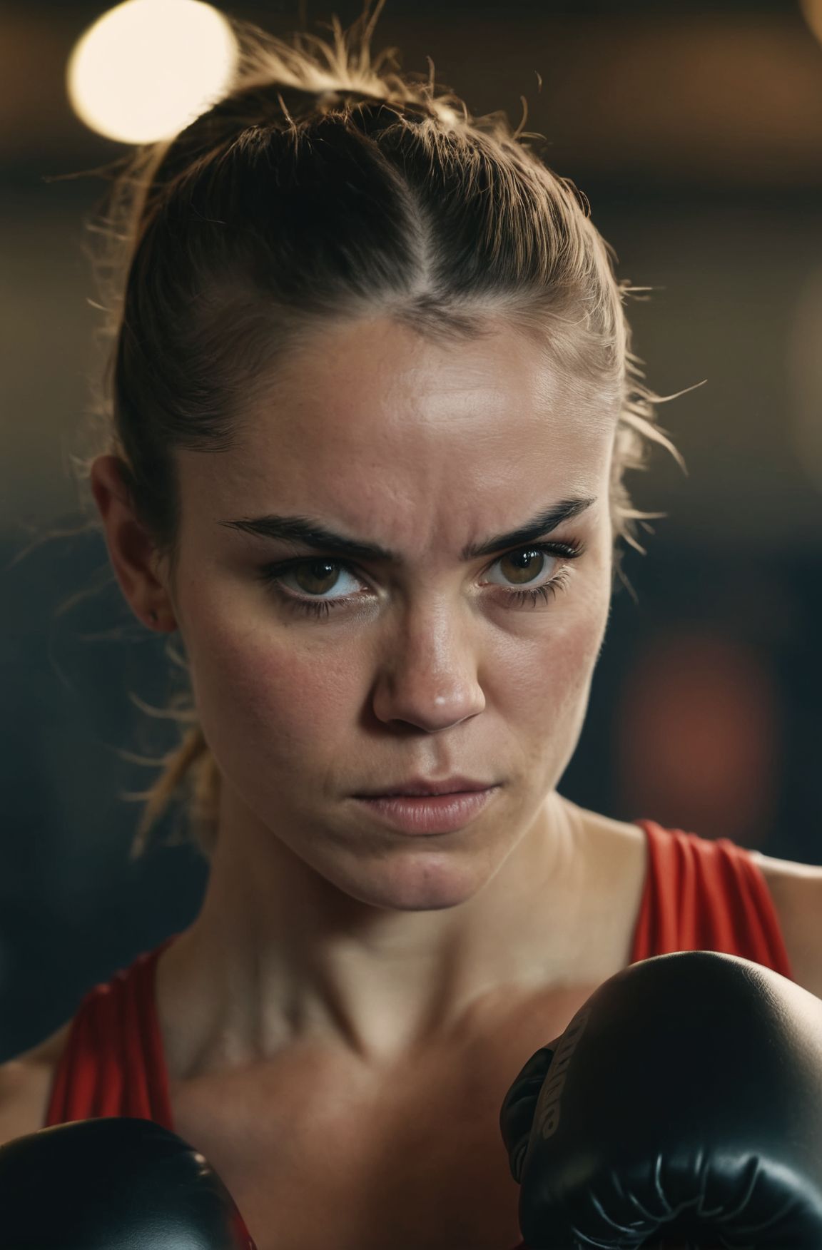 photograph close up portrait of Female boxer training, serious, stoic cinematic 4k epic detailed 4k epic detailed photogra...