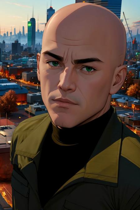 lex luthor, bald, green eyes green jacket, black shirt, turtleneck, brown pants