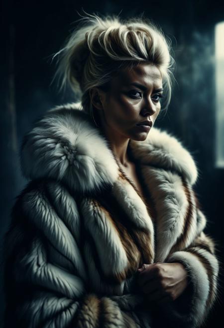 glamour shot,(dark mood masterpiece Photography by Mario Giacomelli:1.2),high quality, 8K Ultra HD, beautiful Eskimo female warrior wearing thick fur over her entire body, fur coat, blonde hair, extremely elaborate hair updo, fur, beautiful, full depth of field and realistic textures, colorful, atmospheric haze, Film grain, cinematic film still, highly detailed, high budget, cinemascope, moody, epic, OverallDetail, gorgeous, 2000s vintage RAW photo, photorealistic, candid camera, color graded cinematic, eye catchlights, atmospheric lighting, imperfections, natural, shallow dof