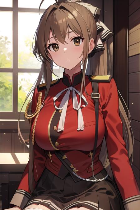 isuzusento, <lora:isuzusentotest:1>, 
isuzu sento, ahoge, (brown eyes:1.7), light brown hair, long hair, ponytail, hair ribbon, ribbon, (medium breast:1.2),
BREAK aiguillette, ankle boots, black ribbon, black skirt, boots, brown footwear, cross-laced footwear, frilled skirt, frills, jacket, lace-up boots, military, military uniform, pleated skirt, (red jacket:1.5), skirt, thighhighs, uniform, white thighhighs, white ribbon, buttons, sleeveless,
BREAK looking at viewer,
BREAK indoors, classroom,
BREAK <lora:GoodHands-vanilla:1>, (masterpiece:1.2), best quality, high resolution, unity 8k wallpaper, (illustration:0.8), (beautiful detailed eyes:1.6), extremely detailed face, perfect lighting, extremely detailed CG, (perfect hands, perfect anatomy),