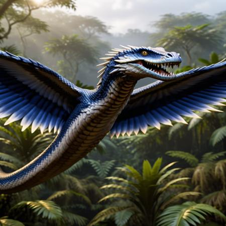 highly detailed portrait photo of a (vringalu):1.2 flying above a dense jungle,

vrinaglue, wings, feathers, teeth, sharp teeth, fangs, snake body,

through a lush jungle,

depth of field:1.2, blurry, blurry background,
realistic:1.3,

photorealistic,
fantasy, cinematic,
32k, best quality, 
god rays:1.2,
dappled sunlight:1.1,




