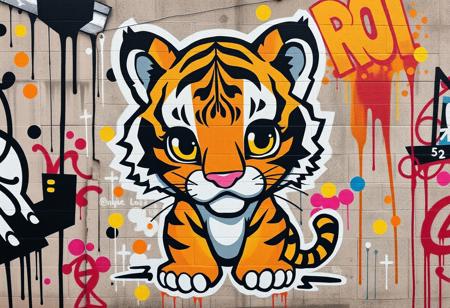 Graffiti style of a chibi tiger looking cute, street art, mural, high quality, high resolution