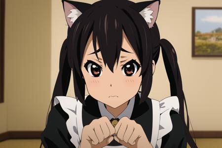 ((masterpiece)), <lora:nakano-azusa-v1.1:0.8>, nakano azusa, 1girl, confused face, short thin body, long dark hair, twin tails, brown eyes, cat ears, two hands paw pose, maid dress, caffe indoors, complex background, (closeup:0.8)