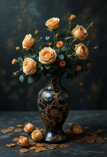 tilt-shift photo of best quality double exposure complex surreal painting on cracked paper, macro, microworld,  hyperdetailed,   insanely detailed ,black roses in vase, bouquet of roses, ceramic vase, gold dragon on vase, black marble floor, sitting on floor, dark background, big eyes 32k, by Rockwell, WLOP Ryniac, Craola, Disney, van Gogh, highly detailed, intricated, intricated pose, high quality, centered, perfect composition.,
<lora:Midjourney_-_SemiReal_Dreams_FLUX_LoRA:1>,<lora:hyper-detail-illustration:1>, Selective focus, miniature effect, blurred background, highly detailed, vibrant, perspective control