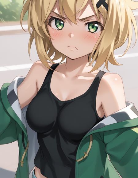 akatsuki_kirika (fujikawa_daichi), blonde hair, green eyes, hair ornament, short hair, x hair ornament, shiny skin, medium breasts,  black tank top,green jacket, shorts, black thighhighs, frills, short shorts navel, underwear, lingerie, white panties, barefoot, panties, choker, underwear only, bow, high heels, underwear, panties, navel,medium breasts, lingerie, shiny skin, barefoot, green panties, jewelry, see-through,  babydoll, cleavage, underwear only, ribbon, negligee, leg ribbon, bra