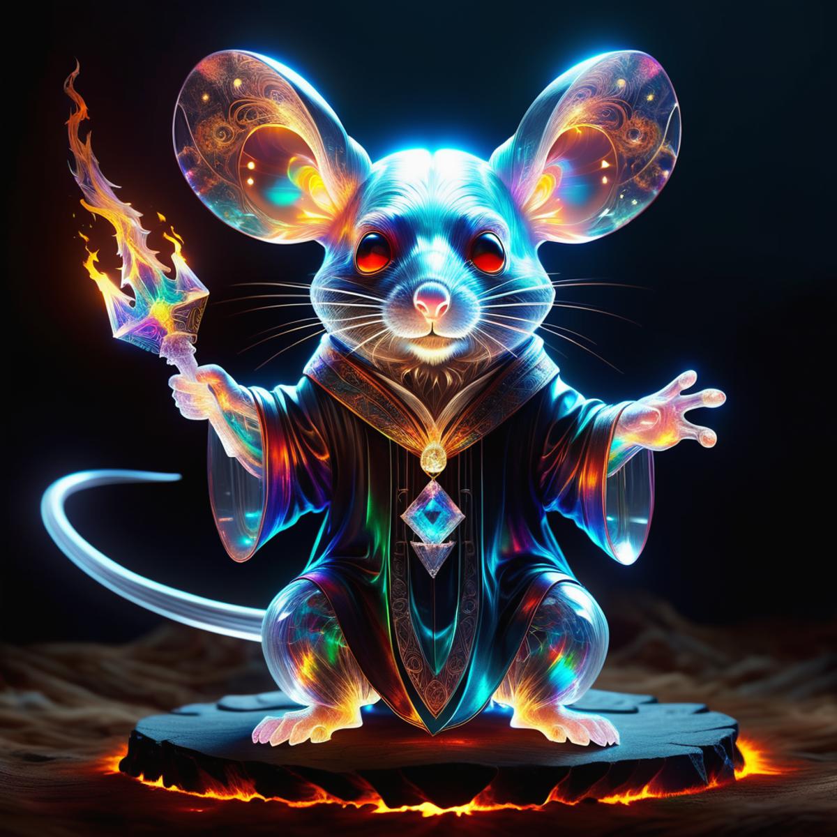 A light blue mouse wearing a black robe with a gemstone, holding a wand.