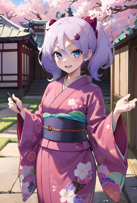 kaname, 1girl, solo, happy, <lora:kaname-000004:0.7>, japanese temple background, cherry blossoms,, ((japanese clothes, kimono, obi, sash, tabi)), wide sleeves, floral print, (alternate costume)